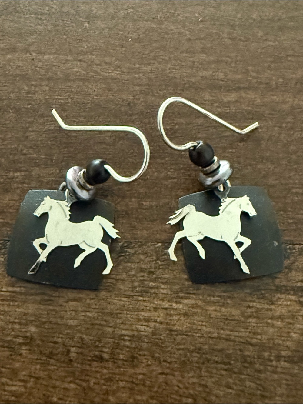 Silver Horse Silhouette Black Bead-Drop Earrings